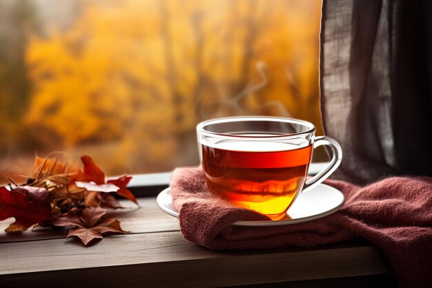 Уютная осенняя вибрация Чашка ароматического чая с теплым пластом и осенними листьями на подоконнике AR 32