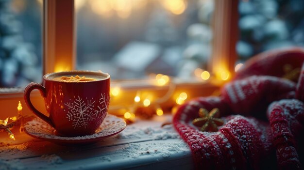 Cozy autumn winter banner template steaming coffee tea cup blurred background