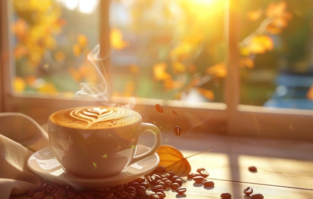 A cozy autumnal setting features a steaming cup of latte with latte art surrounded by coffee beans a warm scarf and vibrant leaves