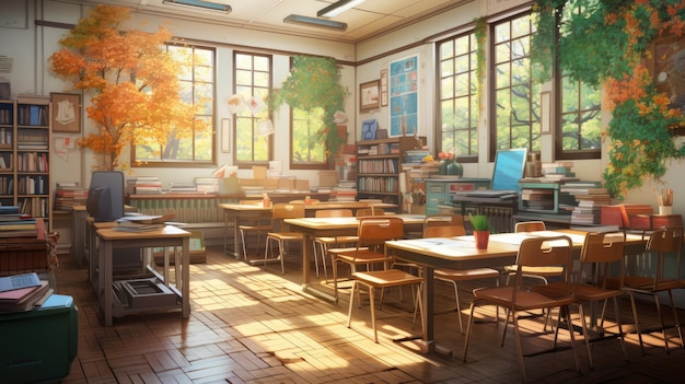 A cozy background showcasing a classroom decorated with warm colors