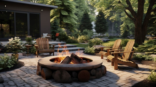 暖かい裏庭で火の穴の木製の椅子と茂った緑が屋外でのリラックスに最適です