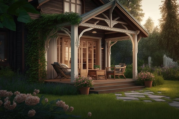 Cozy backyard with wooden comfortable porch and grassy lawn