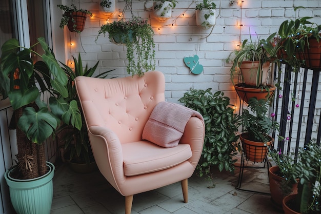 Cozy balcony setup with a peach armchair plants and outdoor fairy lights