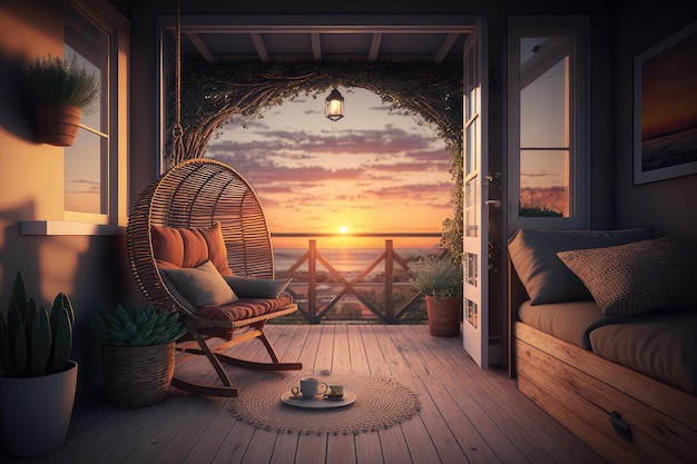 A cozy balcony with a rocking chair and a view of the sunset