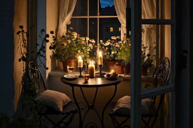 Cozy balcony with table and chairs candles and vase of flowers