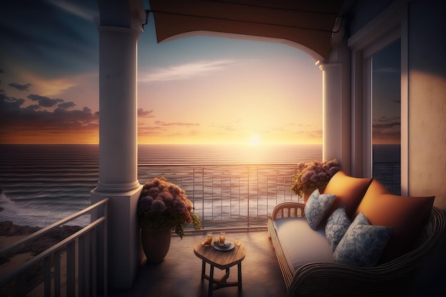 Cozy balcony with view of the sun setting over the ocean