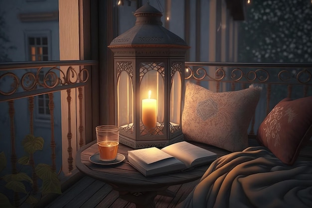 A cozy balcony with a warm lantern and a book for an evening read