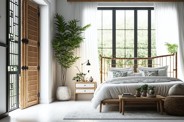 밝은 흰색 벽과 대나무 가구로 꾸며진 아늑한 발리 스타일의 숙소, 창문이 많은 방, 헤드보드가 있는 침대,