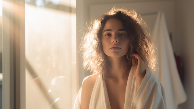 Cozy Bathrobe Clad Woman Towel Drying Hair