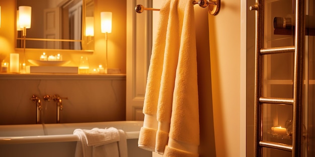 Cozy bathroom ambiance fluffy towel hanging from a heated towel rack warm golden lighting