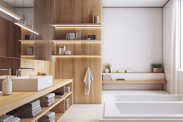 Cozy bathroom with wooden shelves and a freestanding bathtub Generative AI