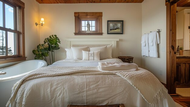 Уютная кровать в мягком белом белье, приглашающая гостей отплыть к успокаивающему звуку воды.