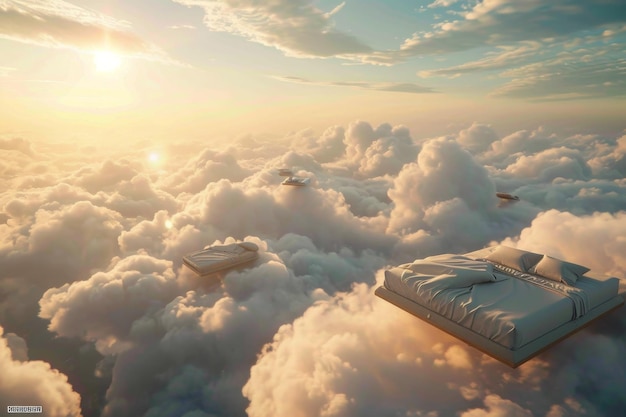 уютная кровать над пушистыми облаками 3D иллюстрация