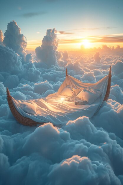 a cozy bed above fluffy clouds 3d illustration