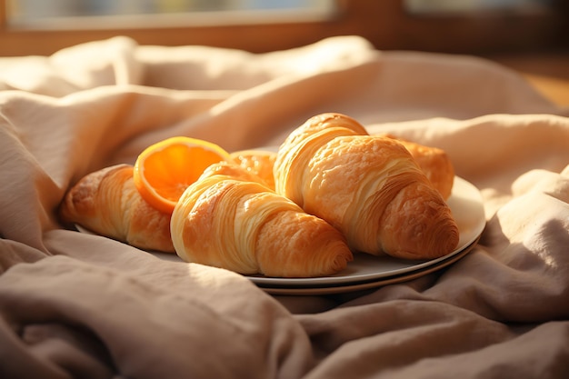 Cozy bed fresh croissant comfortable relaxation indoors generated