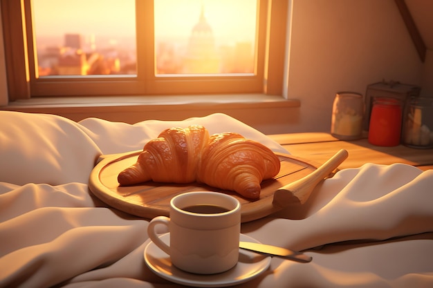 Cozy bed fresh croissant comfortable relaxation indoors generated