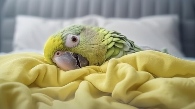 Foto un letto accogliente ospita un pappagallo sorridente