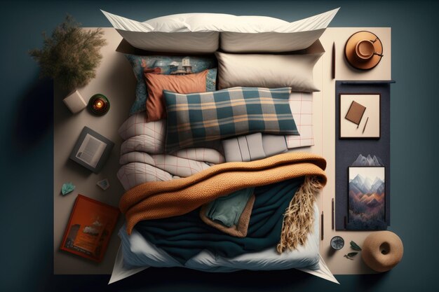 Photo cozy bed with fluffy pillows and blankets generative ai