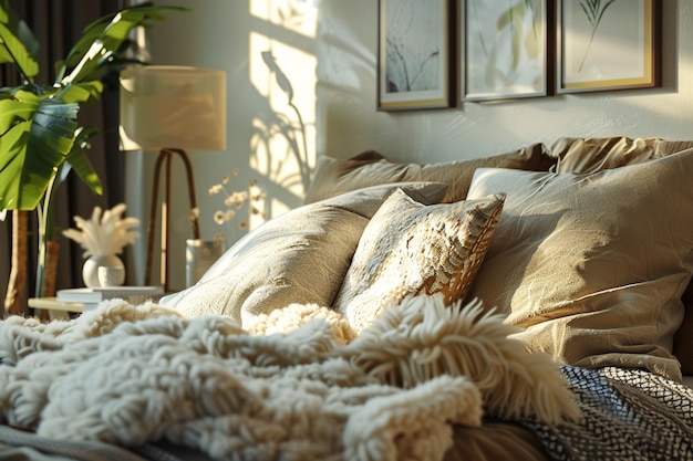 Photo a cozy bed with fluffy pillows and soft blankets o