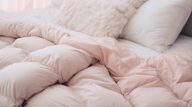 写真 柔らかいピンクのベッドと快適なベッド