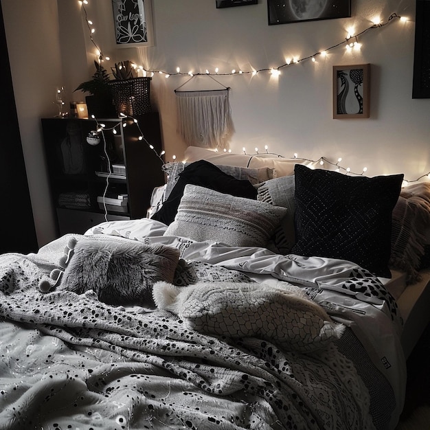 Photo cozy bed with monochrome bedding