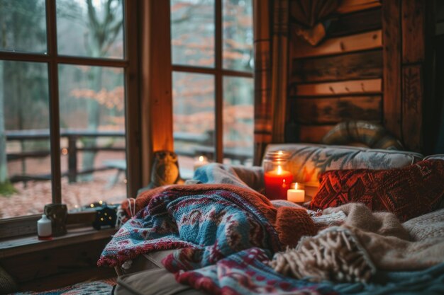 A cozy bed with a soft blanket is illuminated by a flickering candle in front of a window creating a warm and peaceful atmosphere