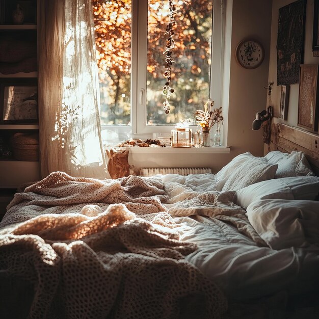 Cozy bed with white linens and a knitted throw blanket next to a window with sunlight streaming in Premium AI generated image