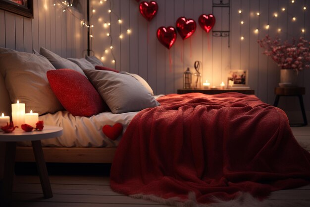 赤いハート型の枕で飾られた居心地の良いベッドルーム 00094 00
