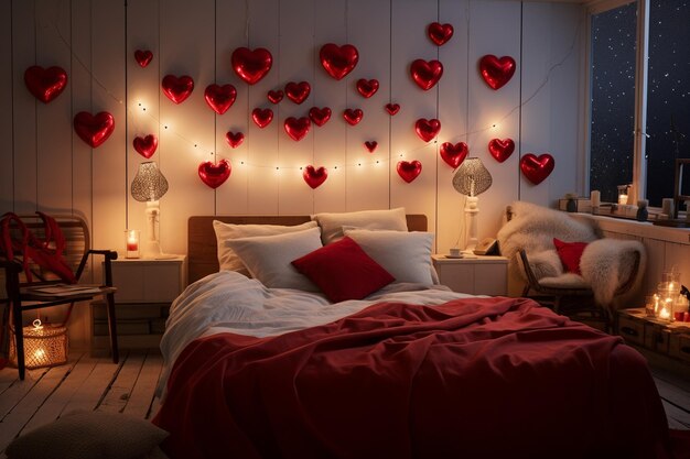 赤いハート型の枕で飾られた居心地の良いベッドルーム 00095 00