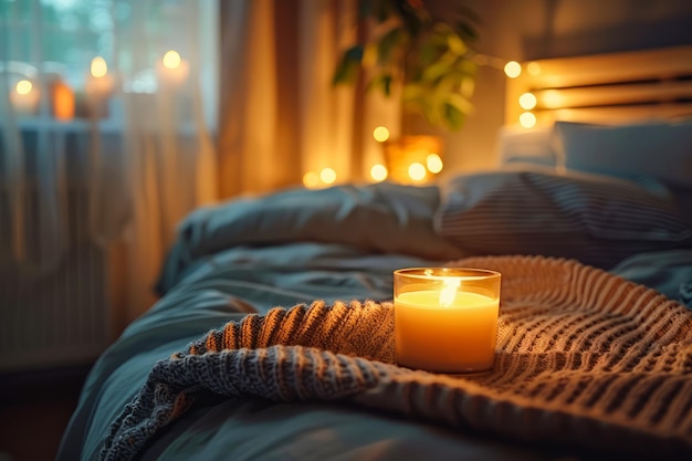 편안 한 침대 에 따뜻 한 불 빛 과 부드러운 섬유 가 있는 쾌적 한 침실 분위기