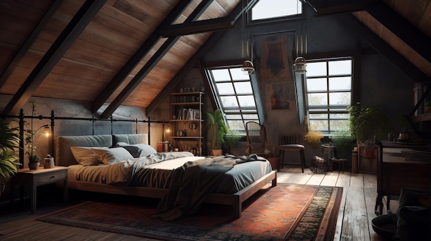 Cozy bedroom in the attic in boho style AI generated