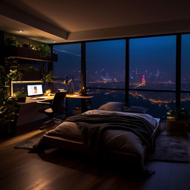 Cozy bedroom has a desk in dark lights glass