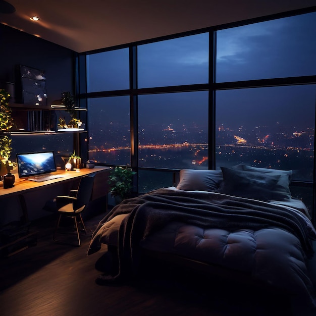 Cozy bedroom has a desk in dark lights glass