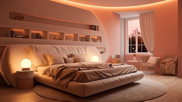 Cozy bedroom interior in a contemporary design the room is in pastel brown with a large double bed