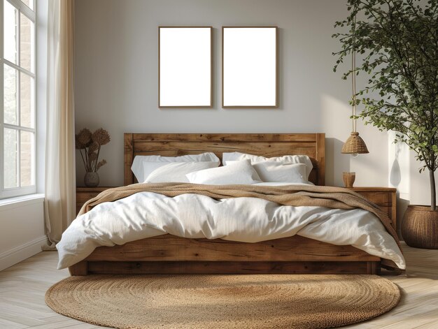 Photo a cozy bedroom interior with a wooden bed and two blank posters on the wall ai generative illustration