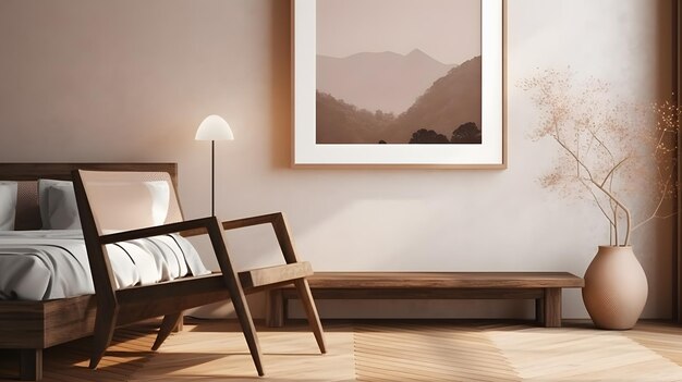 Photo cozy bedroom interior with wooden bench closeup shot of a comfortable bed in