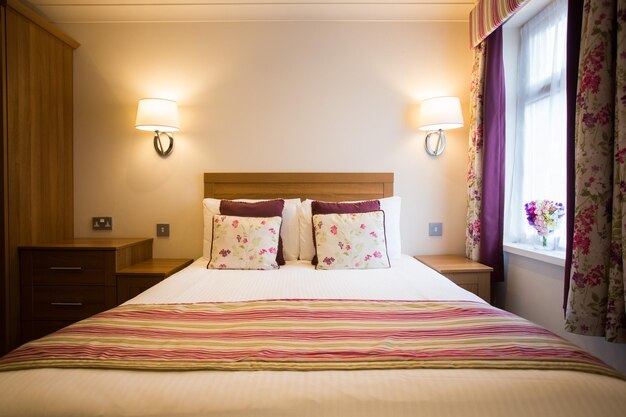 Cozy bedroom interior with wooden furniture and floral pillows and curtains