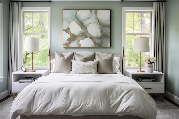 아늑한 침실 현대적인 인테리어 페인트 벽 공간 중립 색상 넓은 침대