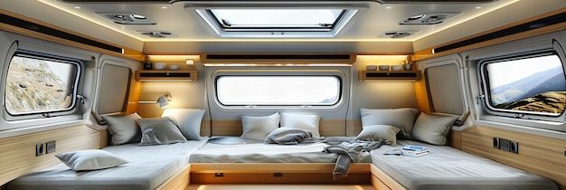 Cozy Bedroom in a Modern Motorhome Luxury and Comfort on the Road Stylish Mobile Living Space Travel and Camping Experience