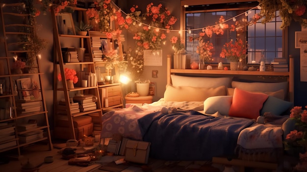 Cozy bedroom at night with light