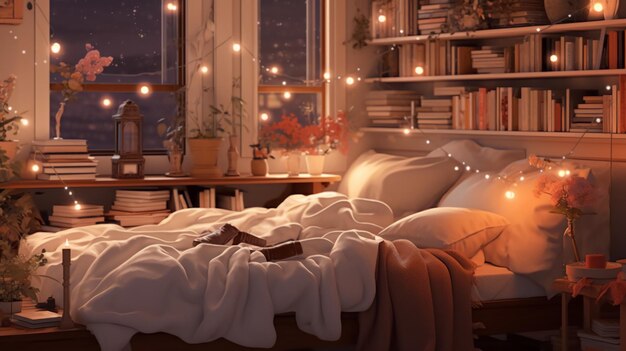 Cozy bedroom at night with light