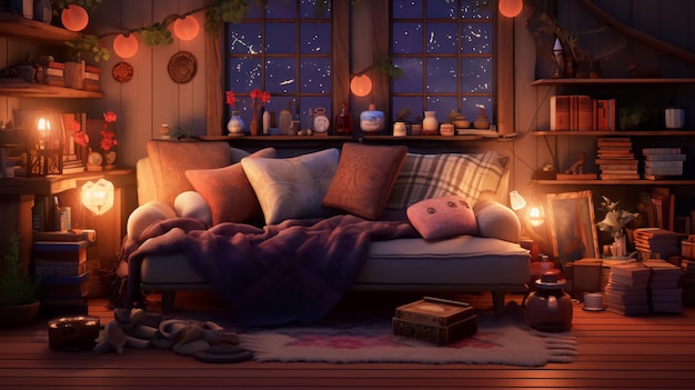 Cozy bedroom at night with light