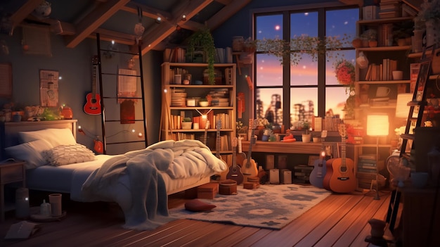 Cozy bedroom at night with light