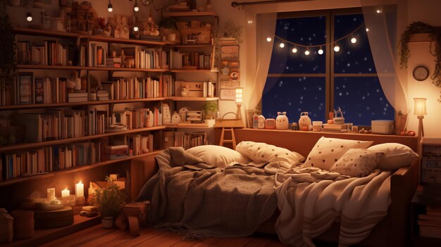 Cozy bedroom at night with light