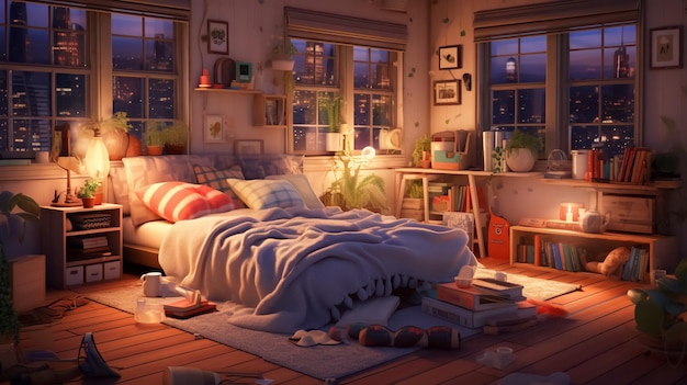 Cozy bedroom at night with light