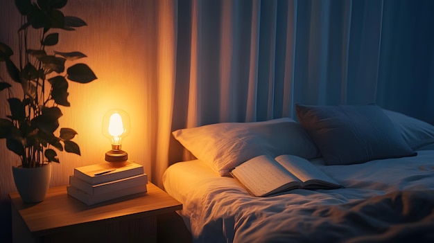 Cozy bedroom scene with soft lighting a peaceful atmosphere books on a  nightstand and a plant beside a warm bedside lamp | Premium AI-generated  image