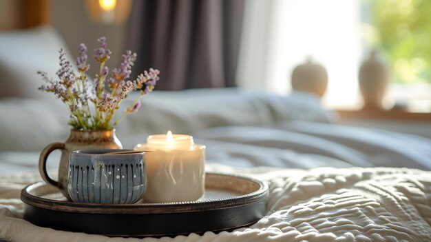 Photo cozy bedroom tray with lit candle and wildflowers