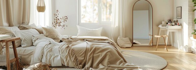 ベッドの近くのソファにスカンジナビアのベージュ色の毛布のスタイルでベッドと白い机と鏡を備えた快適な寝室