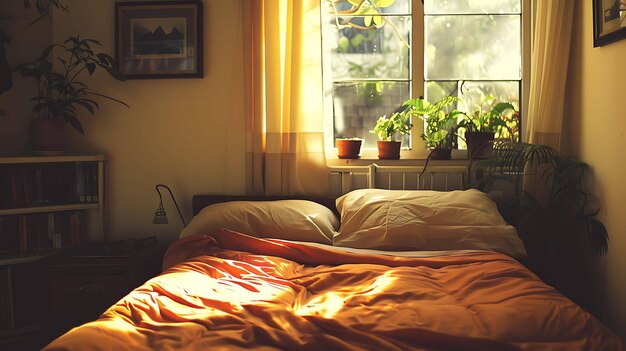 美しい風景を眺める大きな窓のある快適な寝室 ベッドは暖かいオレンジ色の毛布で作られています