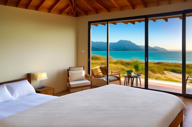 A cozy bedroom with a breathtaking beach view nestled amidst majestic mountains